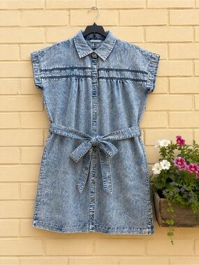 Light Blue Acid-Wash Midi Shirt Dress with Waist Tie